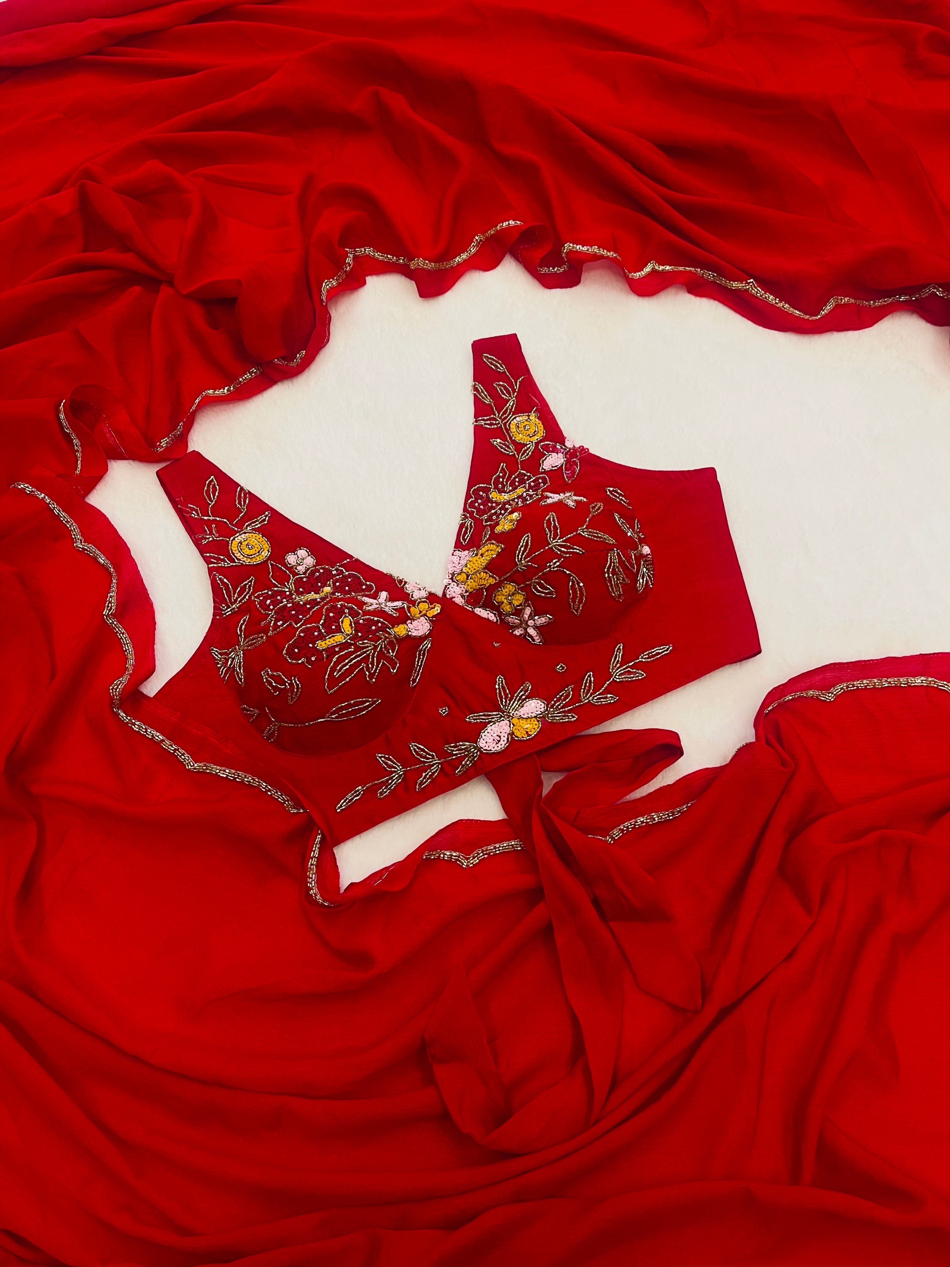 Chinon saree with red stitched blouse – premium pre-order ethnic wear