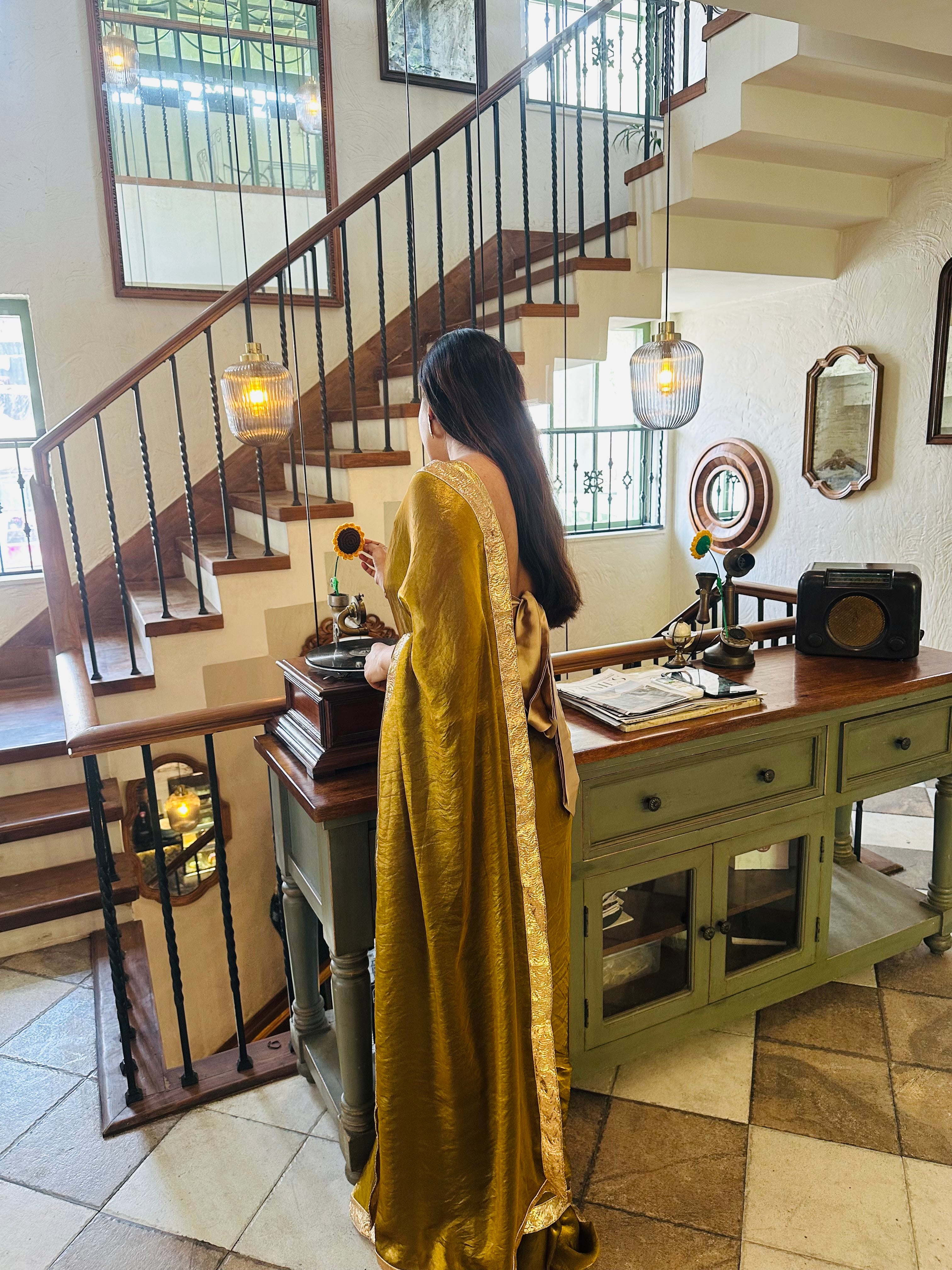 Jimmi Choo metallic gold saree with gotta lace border