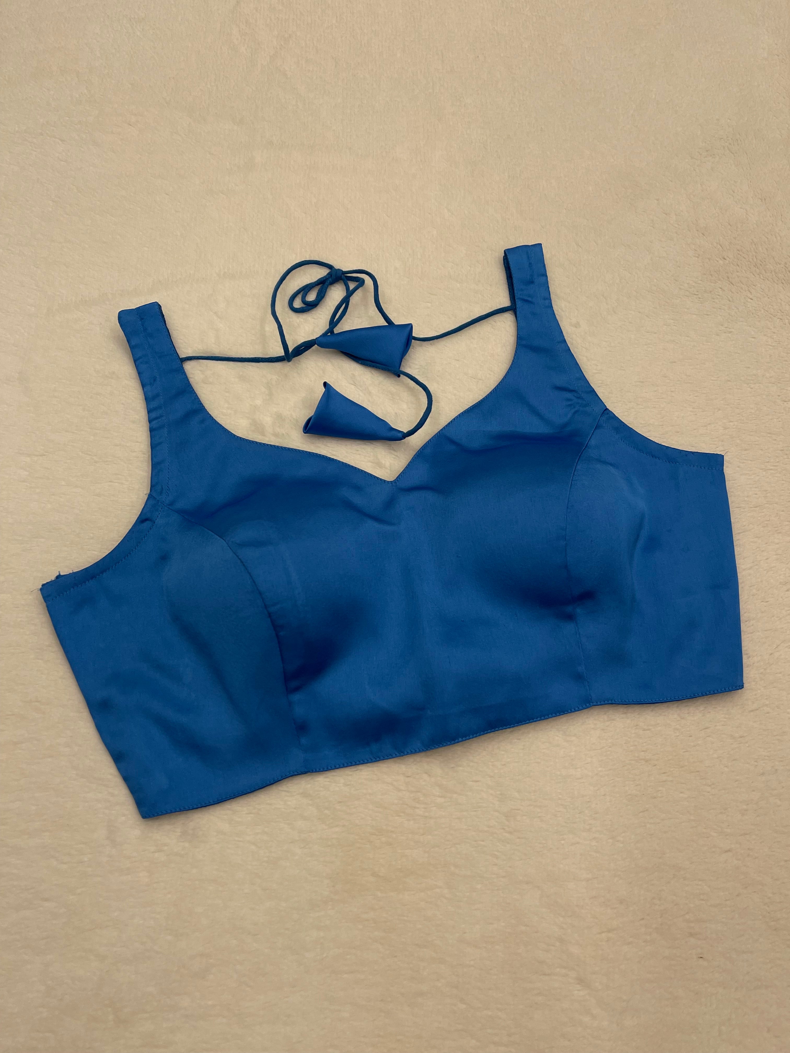 Fancy Teal blue satin sleeveless padded V-neck fully stitched blouse