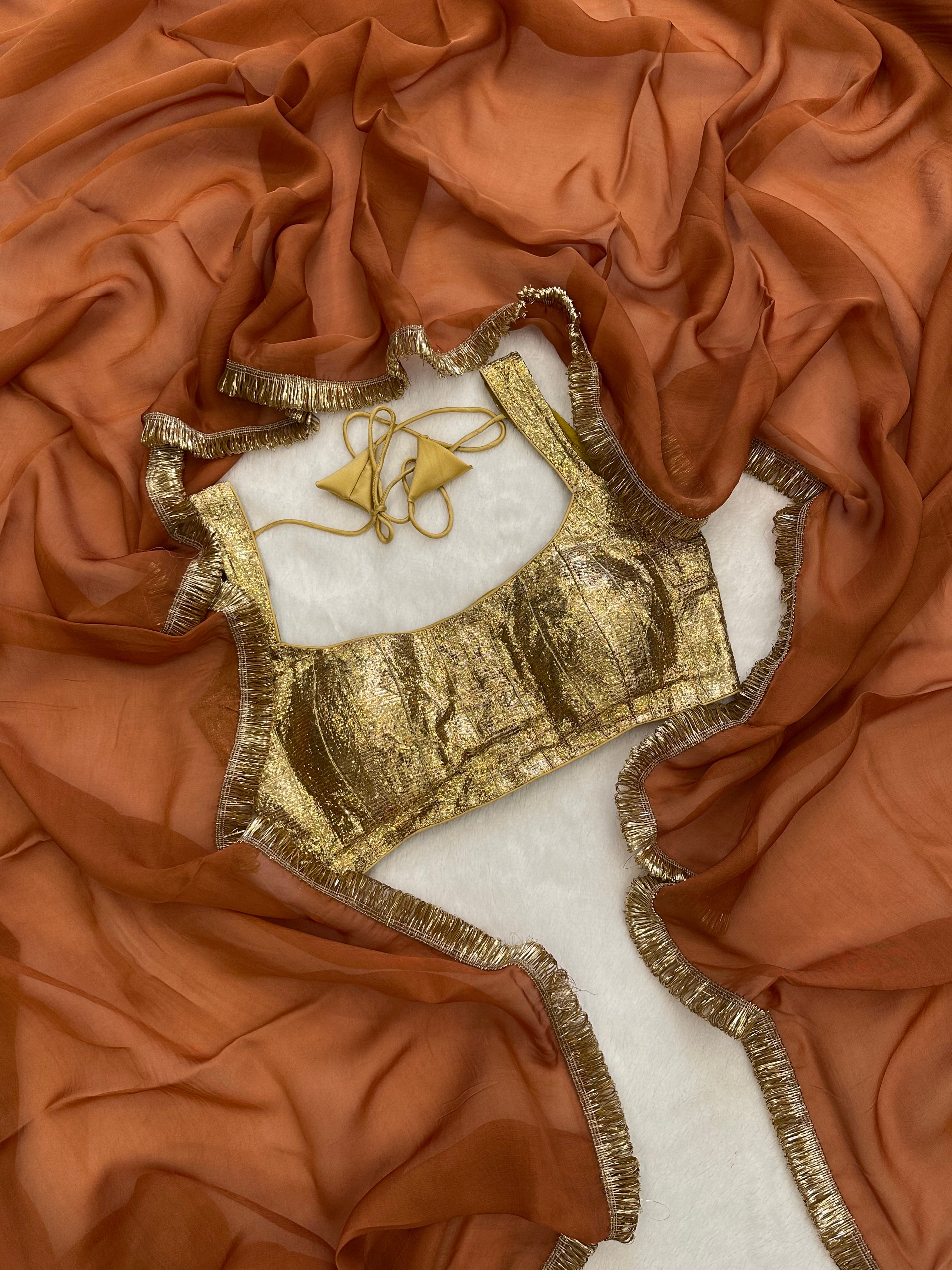 “Golden gota lace organza saree Sazrika”