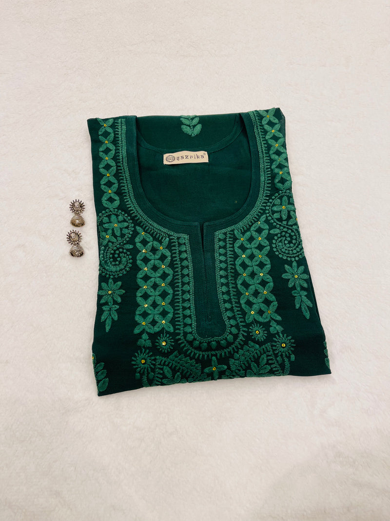 Heena Bottle Green Embroidered Georgette Kurta