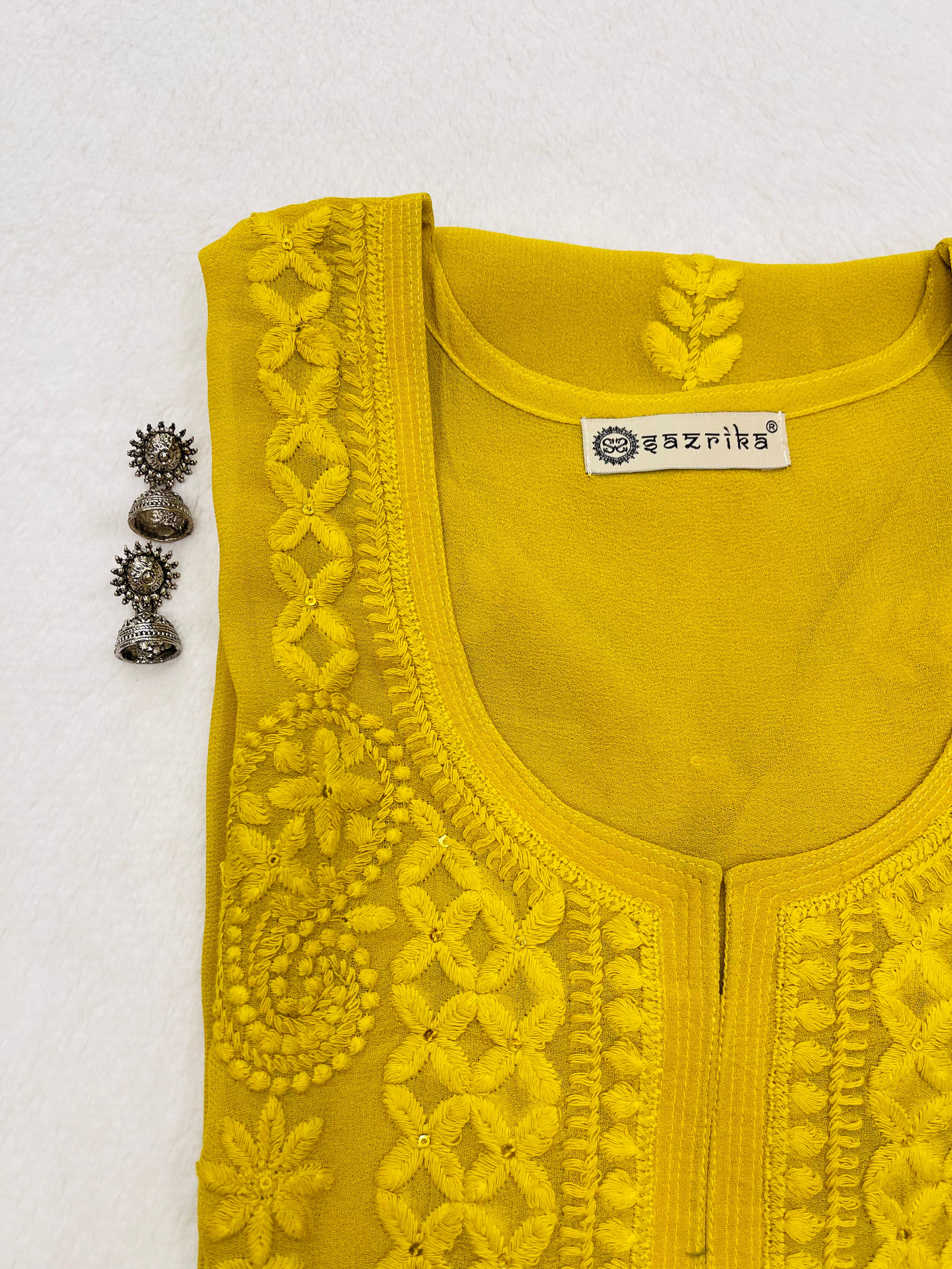 Heena Mustard Embroidered Georgette Kurta