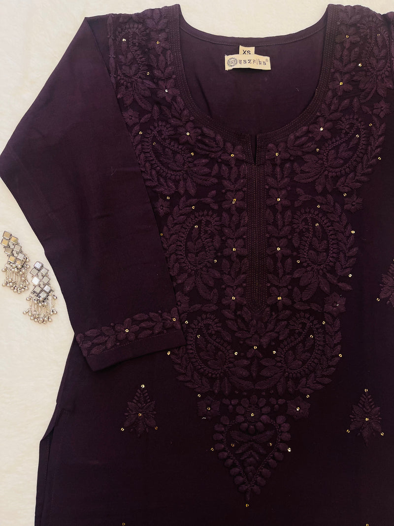 Khubsoorat Wine Rayon Embroidered Kurti