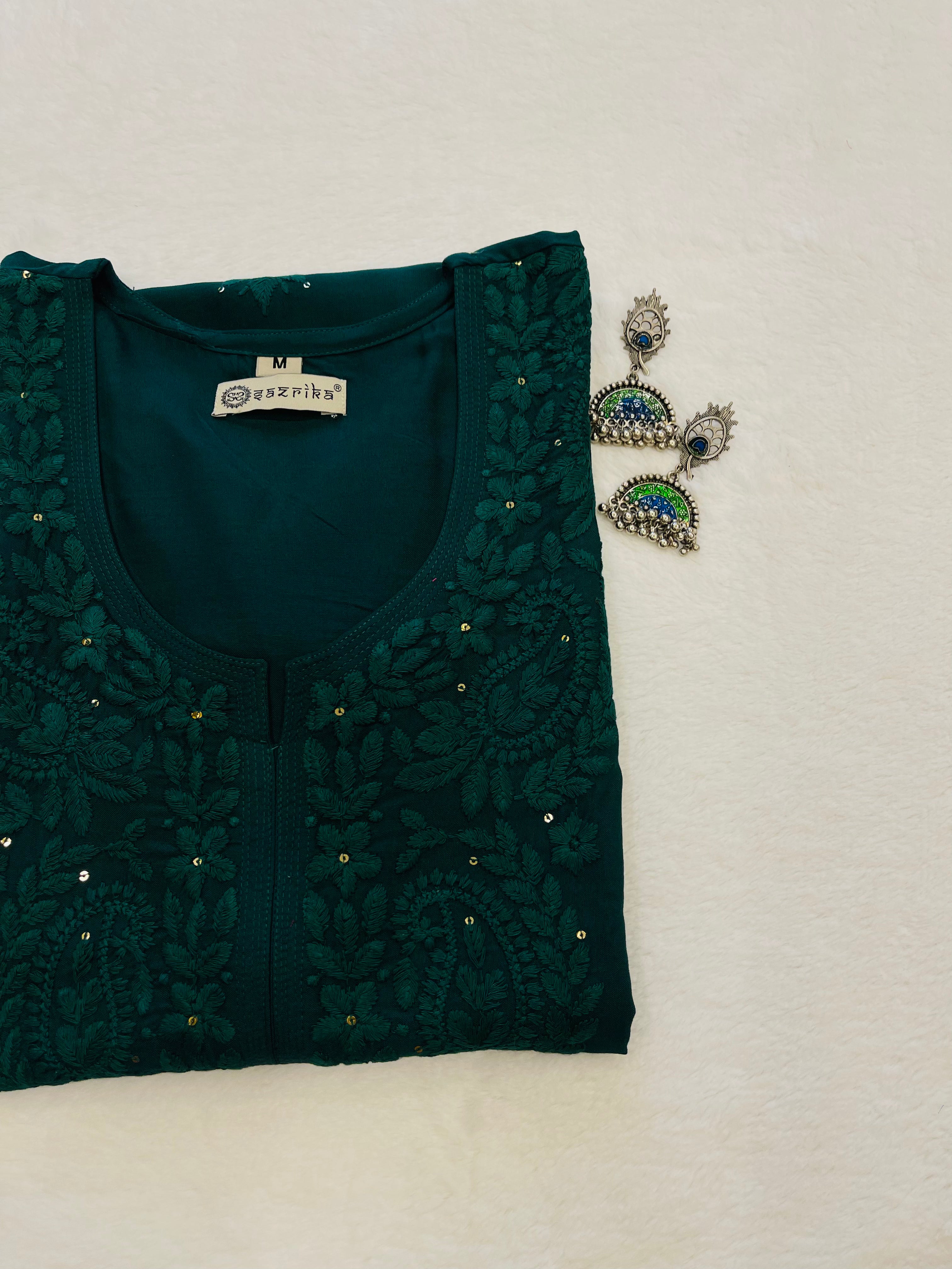 KHUBSOORAT  BOTTLE GREEN RAYON SEQUIN EMBLLISHED LONG KURTA