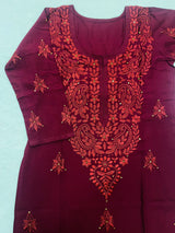Maroon Embroidered Rayon Kurta