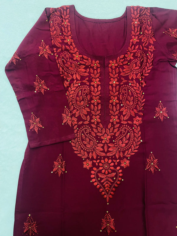 Maroon Embroidered Rayon Kurta