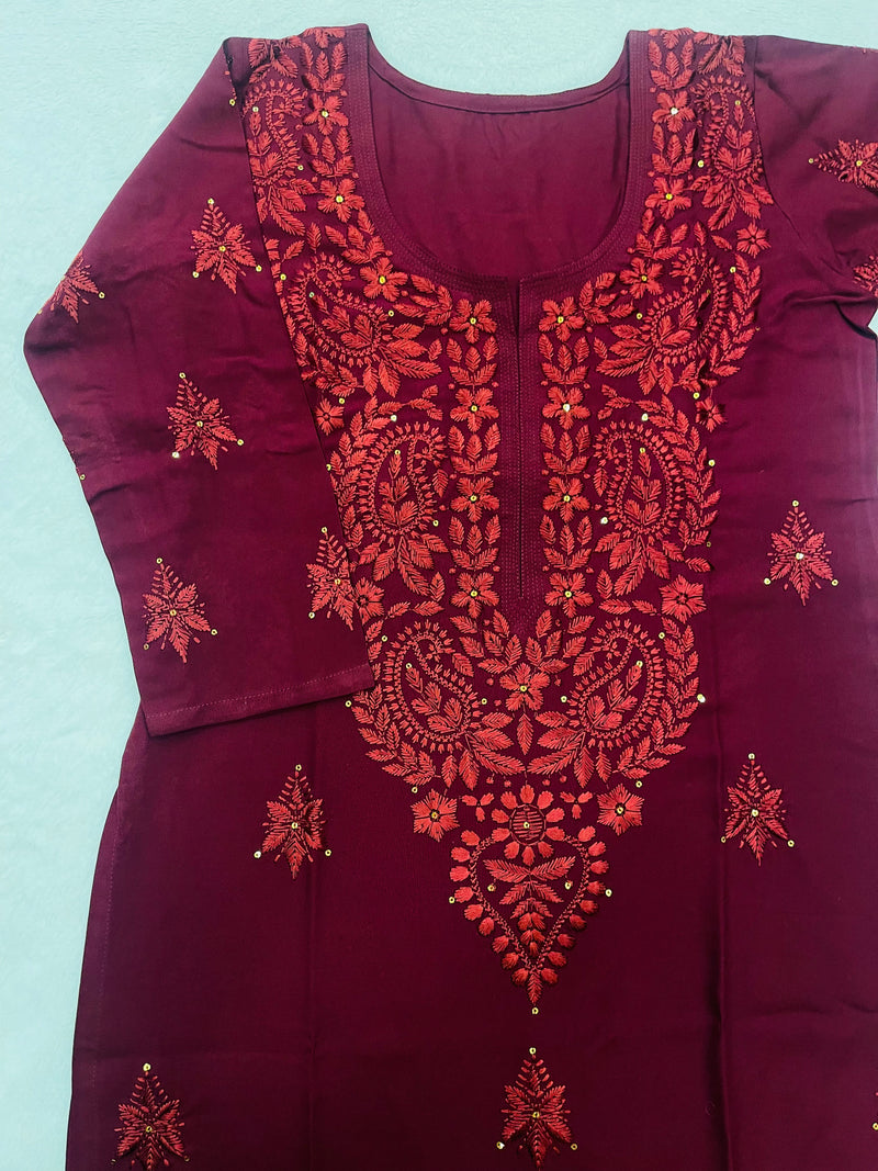 Maroon Embroidered Rayon Kurta