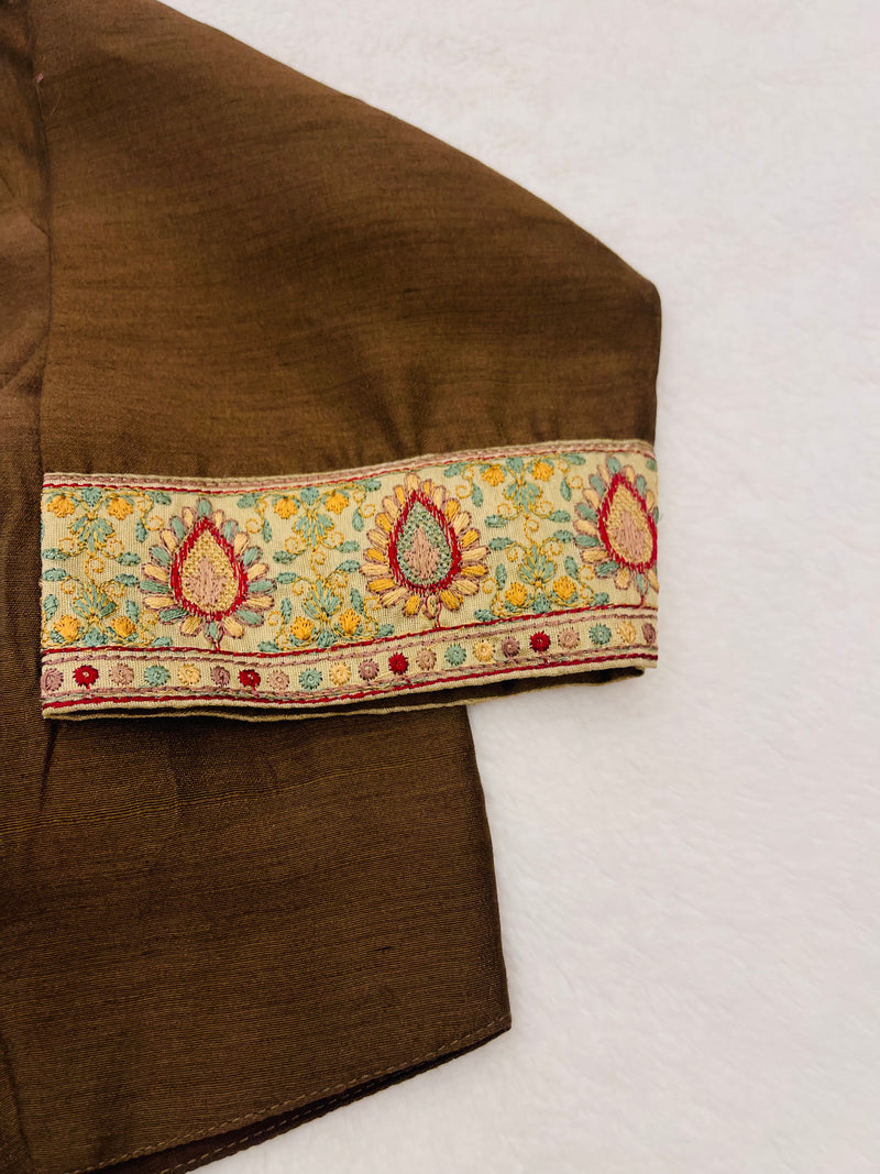 Cotton Silk Brown Elbow Length Blouse