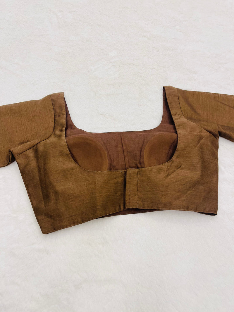 Cotton Silk Brown Elbow Length Blouse