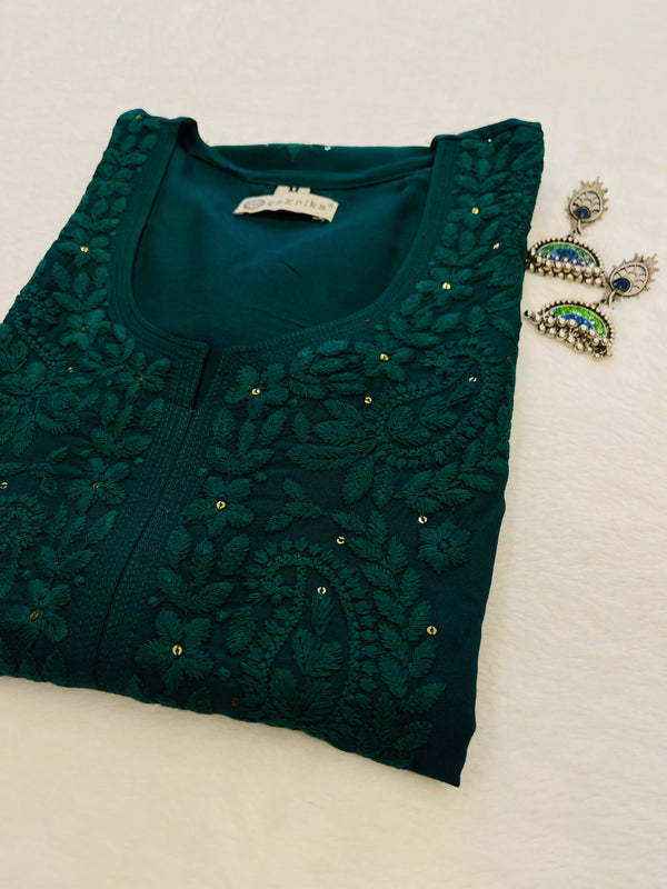 KHUBSOORAT  BOTTLE GREEN RAYON SEQUIN EMBLLISHED LONG KURTA