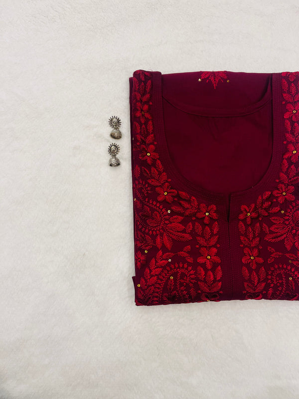 Maroon Embroidered Rayon Kurta