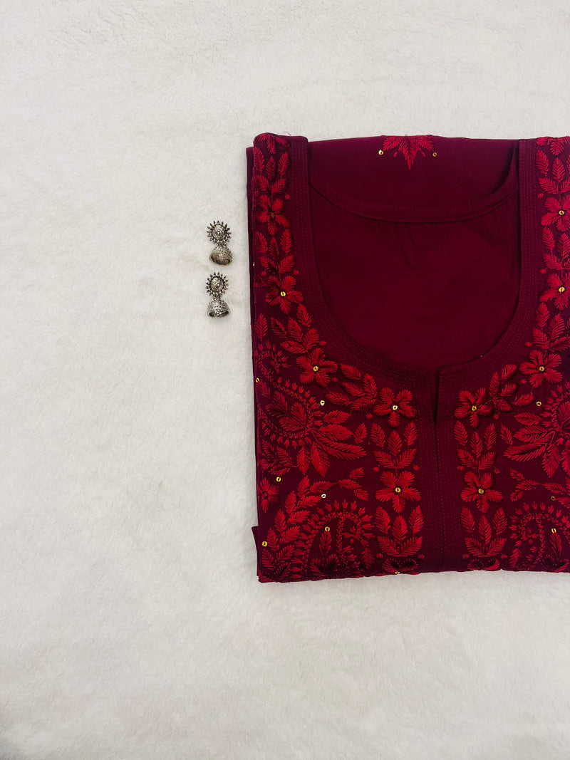 Maroon Embroidered Rayon Kurta