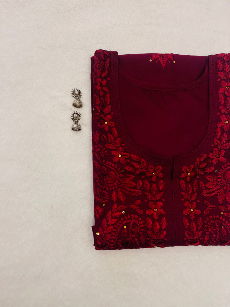 Maroon Embroidered Rayon Kurta
