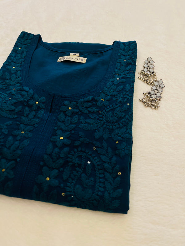 Khubsoorat Teal Blue Rayon Embroidered Kurti