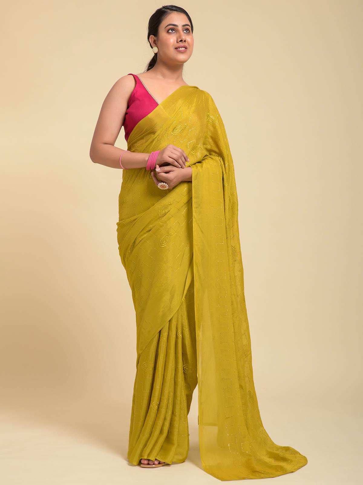 Mustard Viscouse Georgette Embroidered Saree