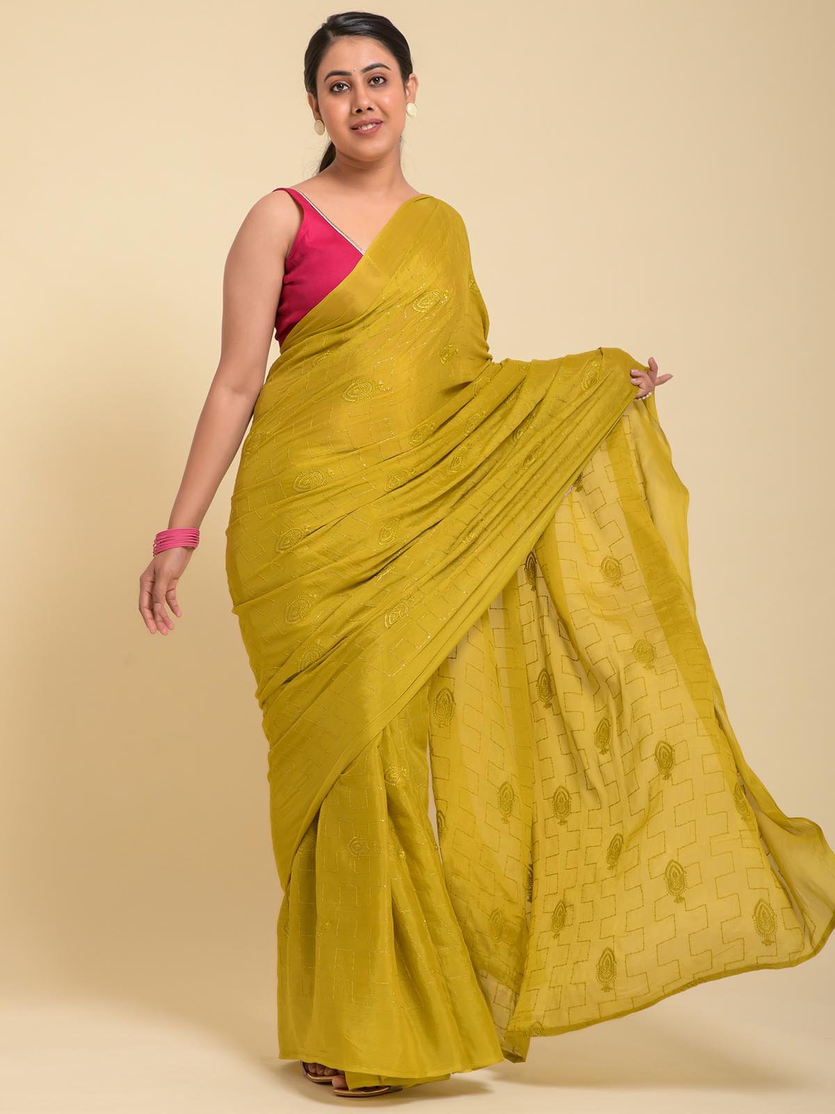 Mustard Viscouse Georgette Embroidered Saree