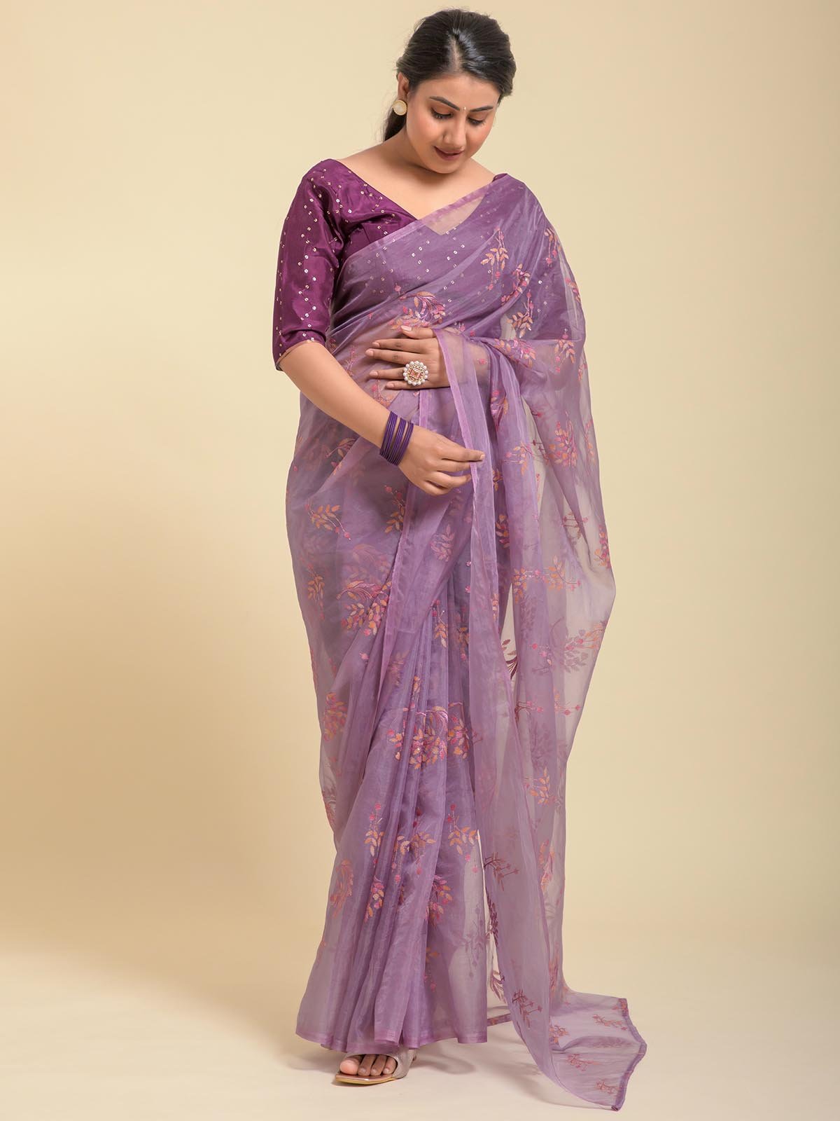 Ayla lavender embroidery work Organza saree