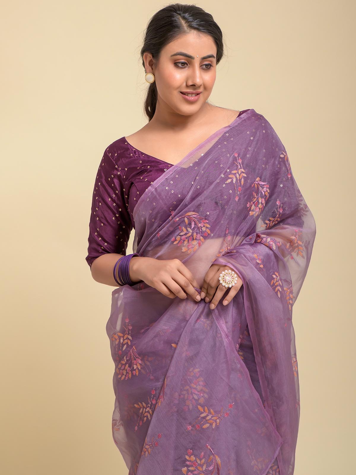 Ayla lavender embroidery work Organza saree