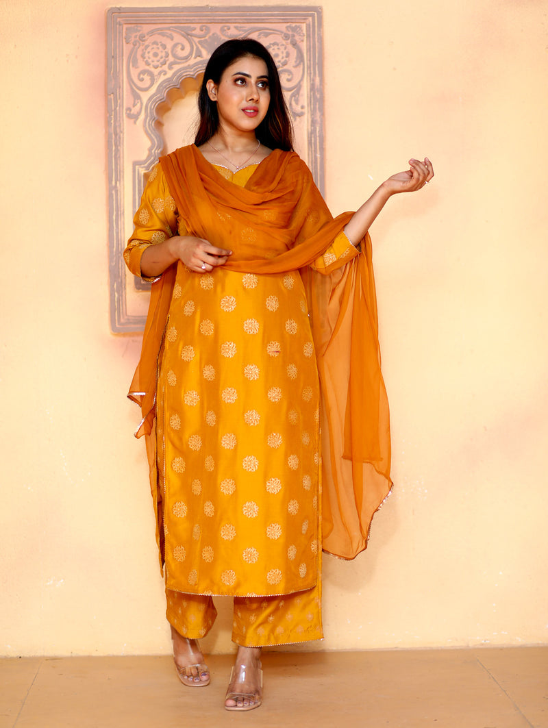 Mustard Fashion - A scintillating Golden Yellow Kurti with a graceful  Orange Printed Dupatta! Now that's a combination that can never go wrong.  You can now get it exclusively at Mustard 🛍🛍
