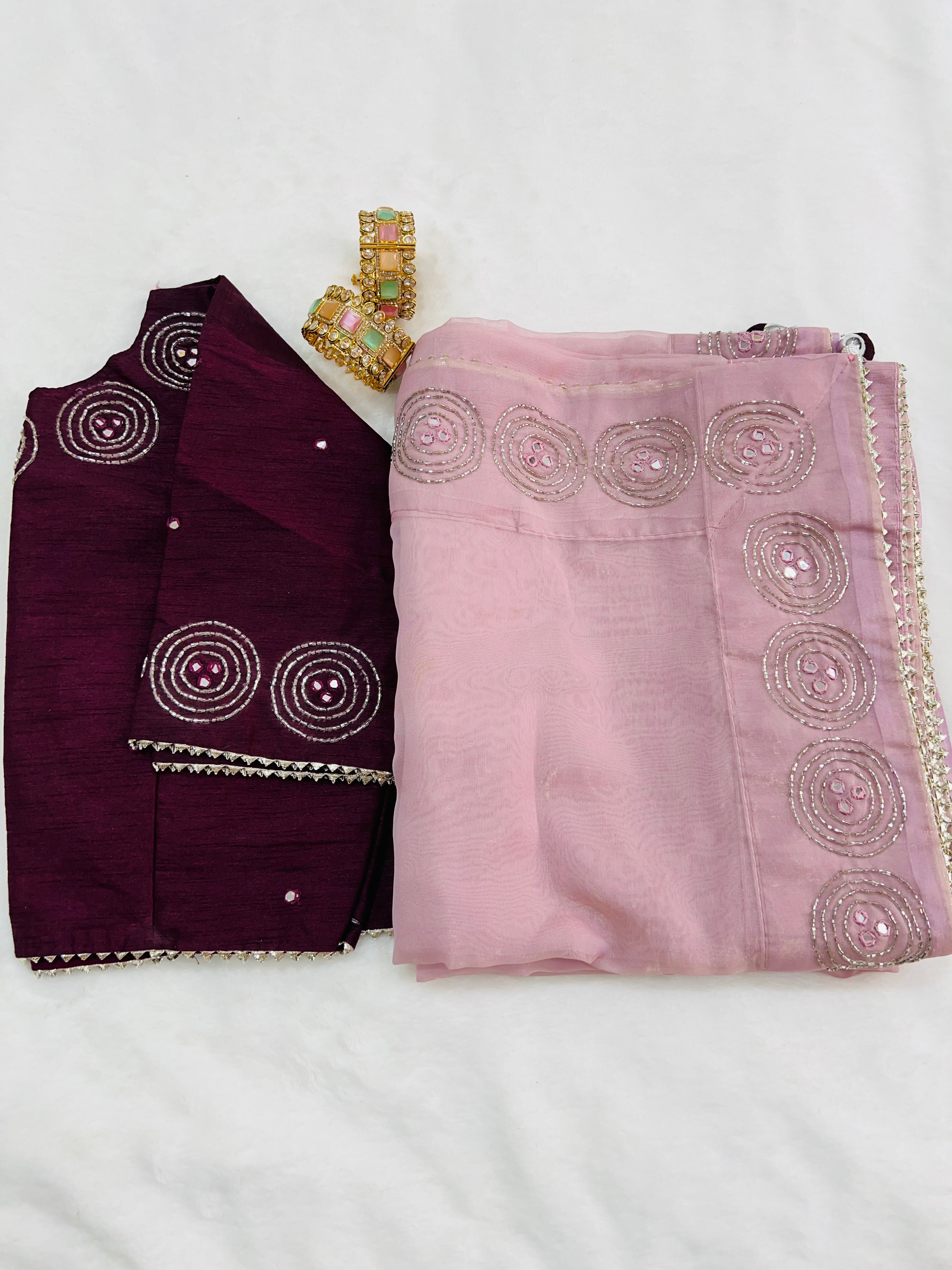 Pre-stitched baby pink organza saree with beads handwork, dry clean recommended`