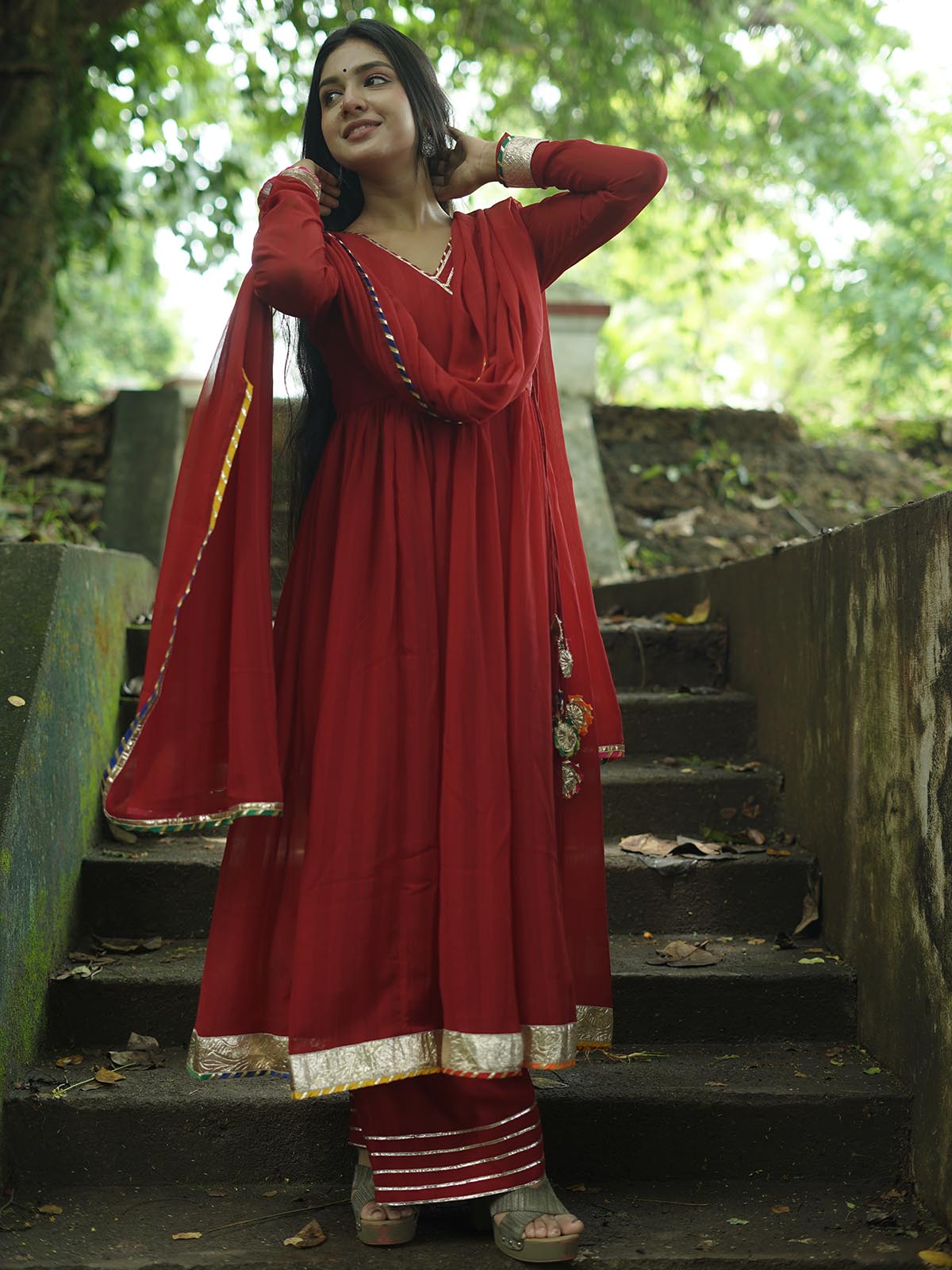 Maharani maroon gotta work anarkali set