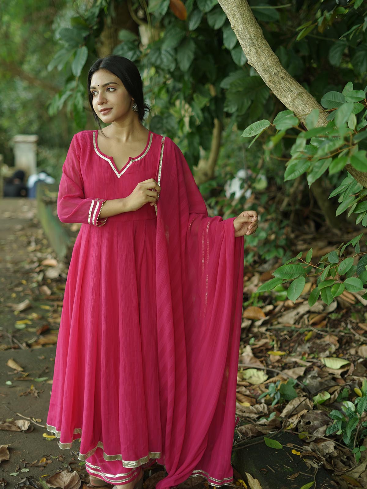 Rani Pink Real Georgette & Chinon Pant Anarkali