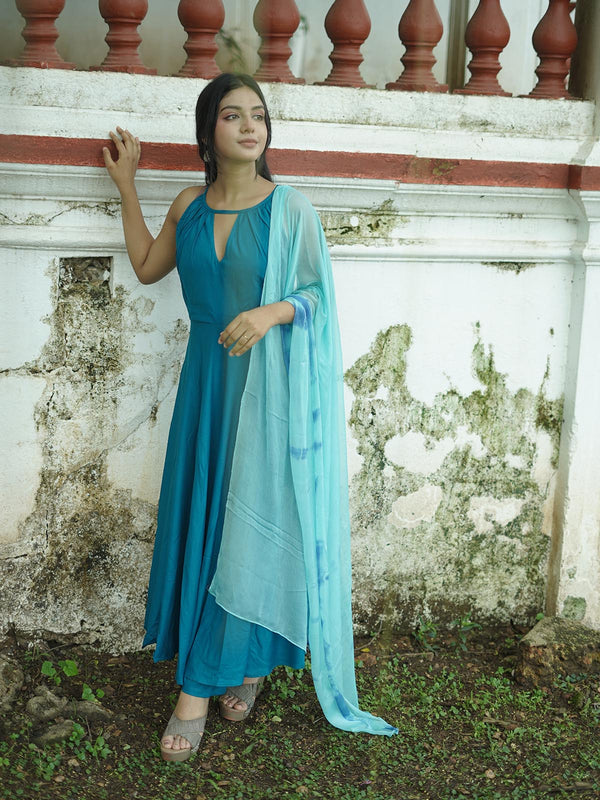 Surkh Teal Blue Rayon Gown Set