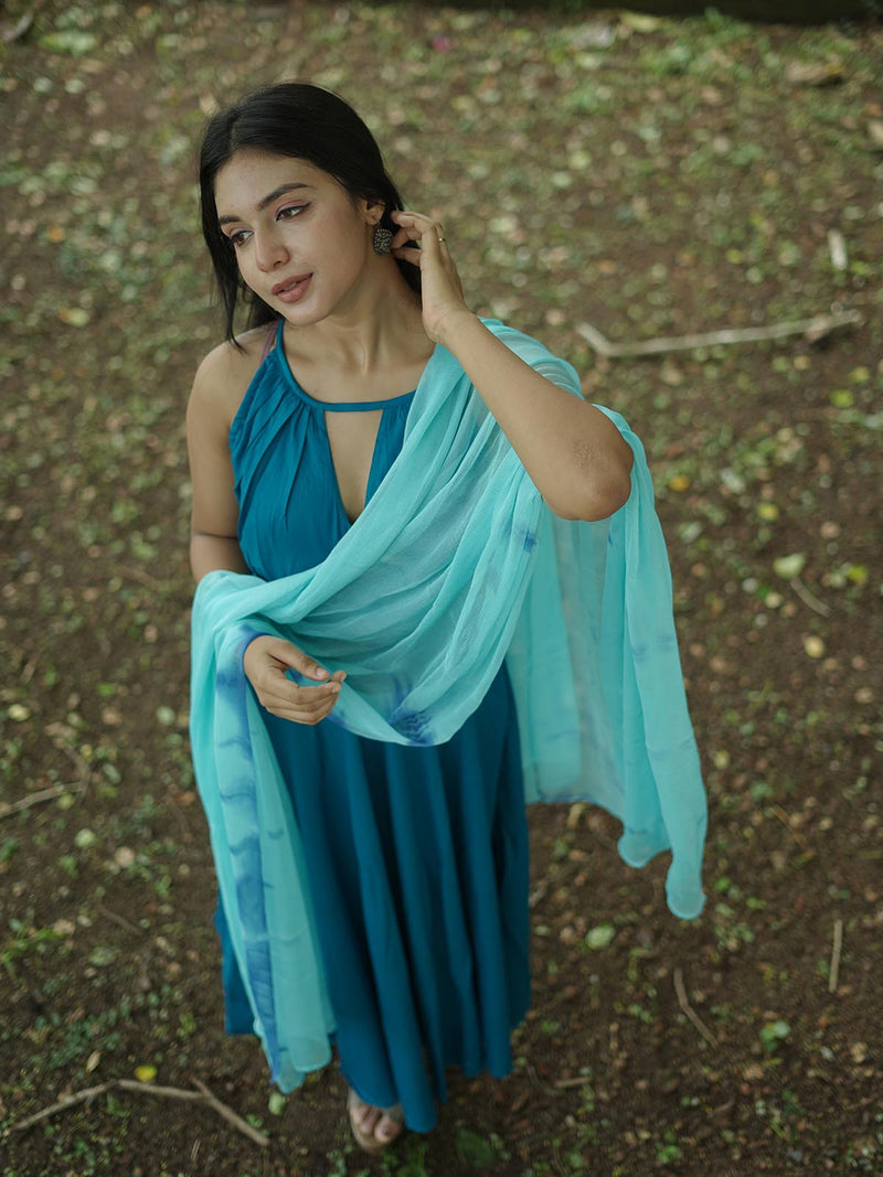 Surkh Teal Blue Rayon Gown Set
