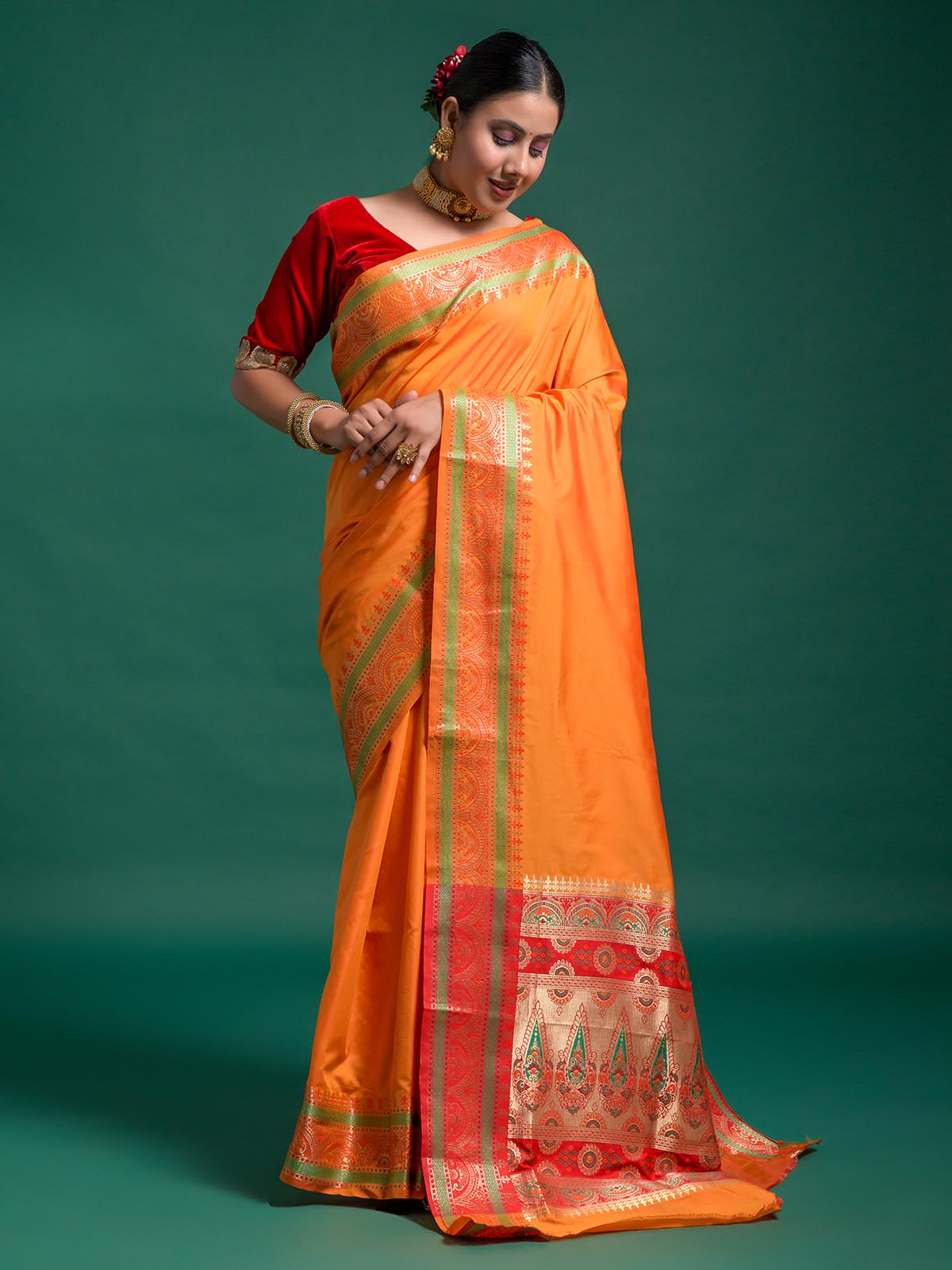 Pastel Orange Silk Banarasi Saree