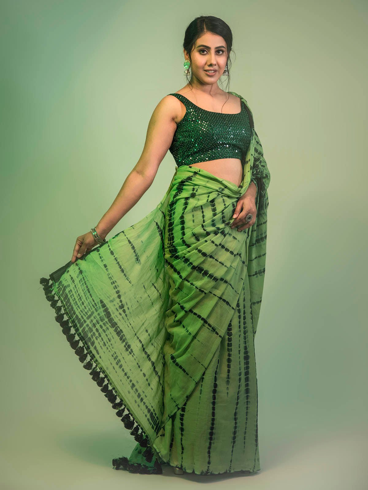 Gazal Mul Cotton Green Shibori Saree