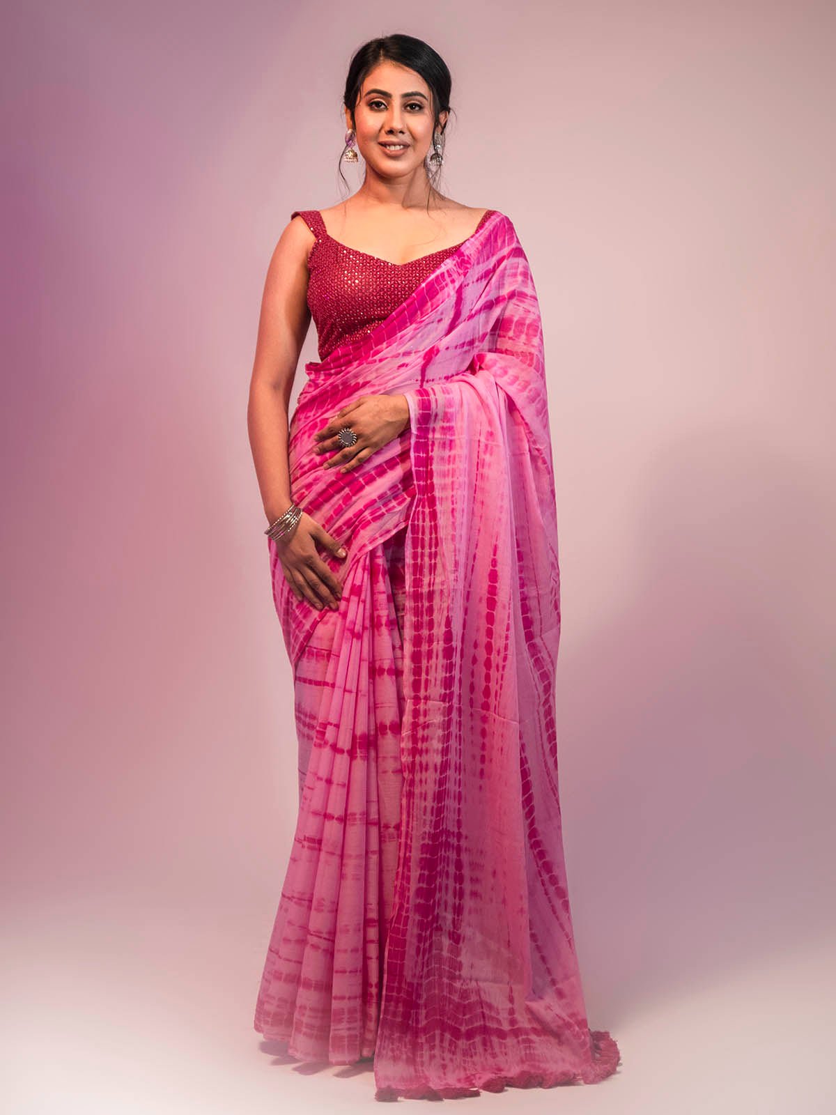 Love in the air Mul Cotton Shibori Pink Saree