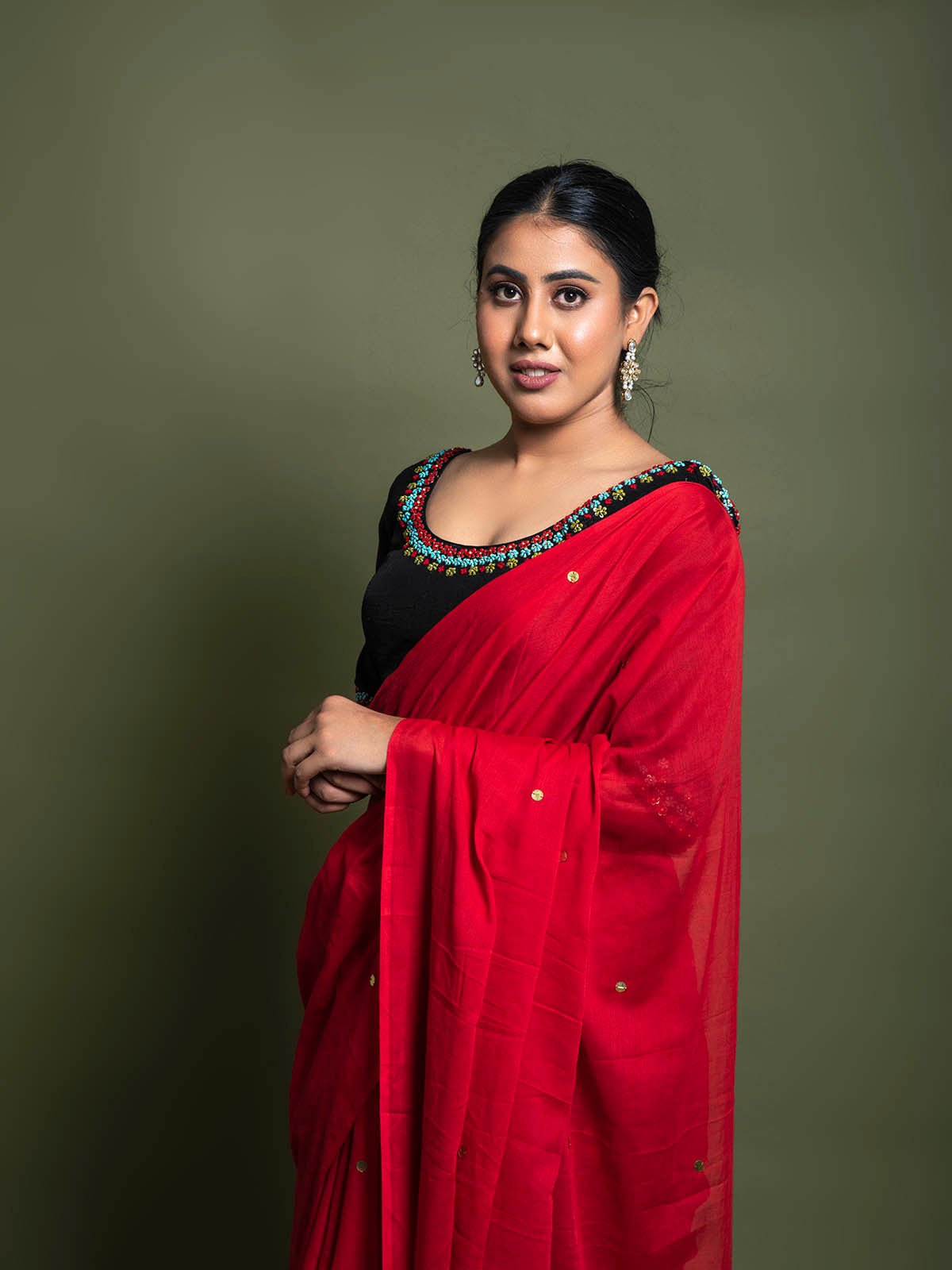 Glowworm Mul Cotton Chumki Red Saree
