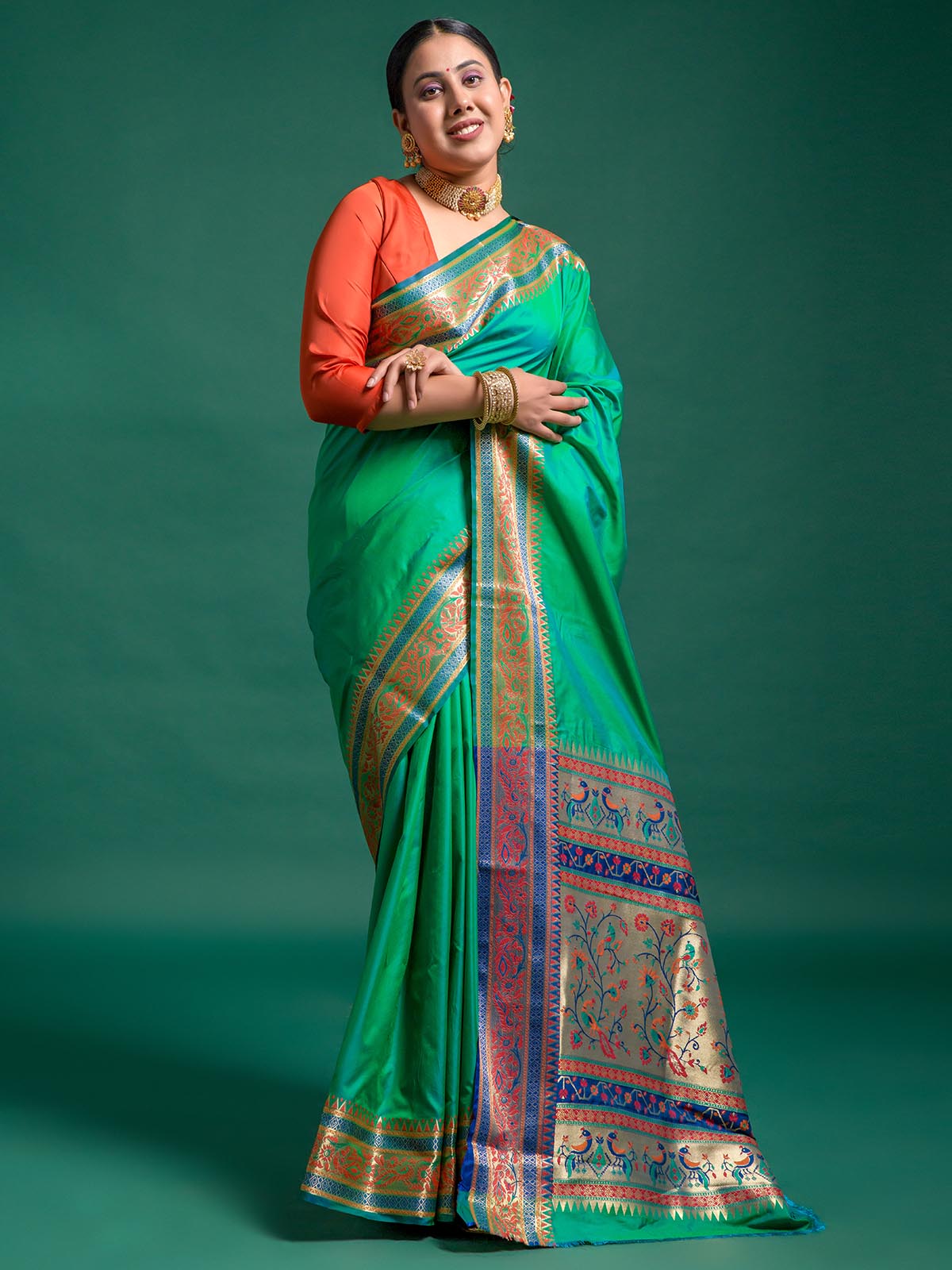 Green Silk Saree with Zari Work and Matching Running Blouse Piece – Party & Festive Wear