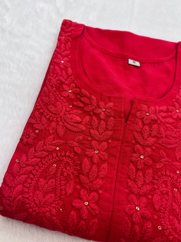 Khubsoorat Red Rayon Embroidered Kurti