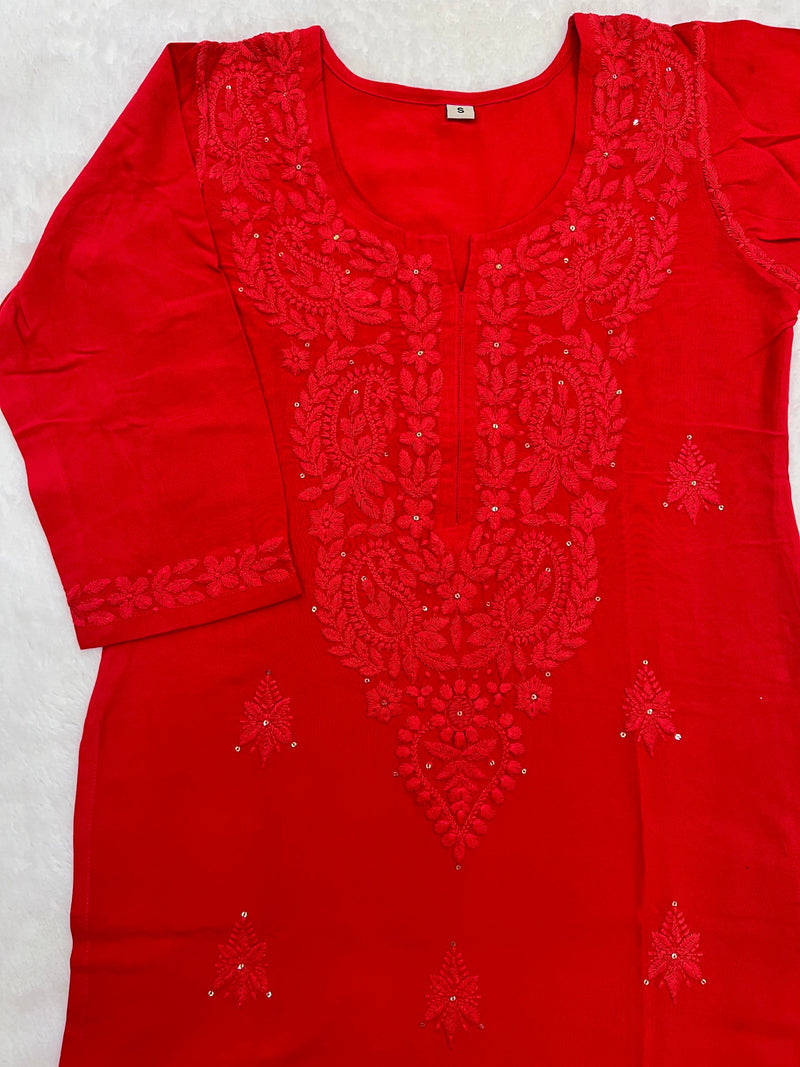 Khubsoorat Red Rayon Embroidered Kurti