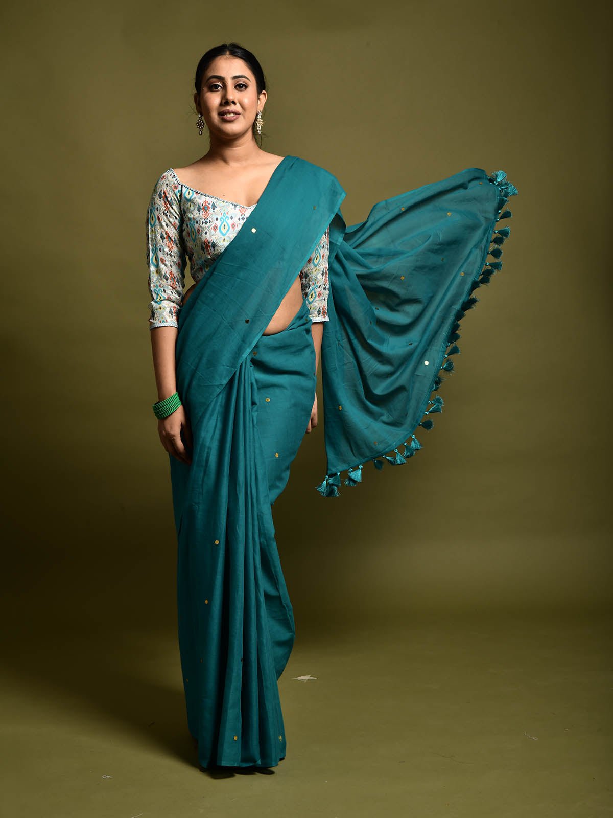 Jade Green MulMul Cotton Saree with blouse piece