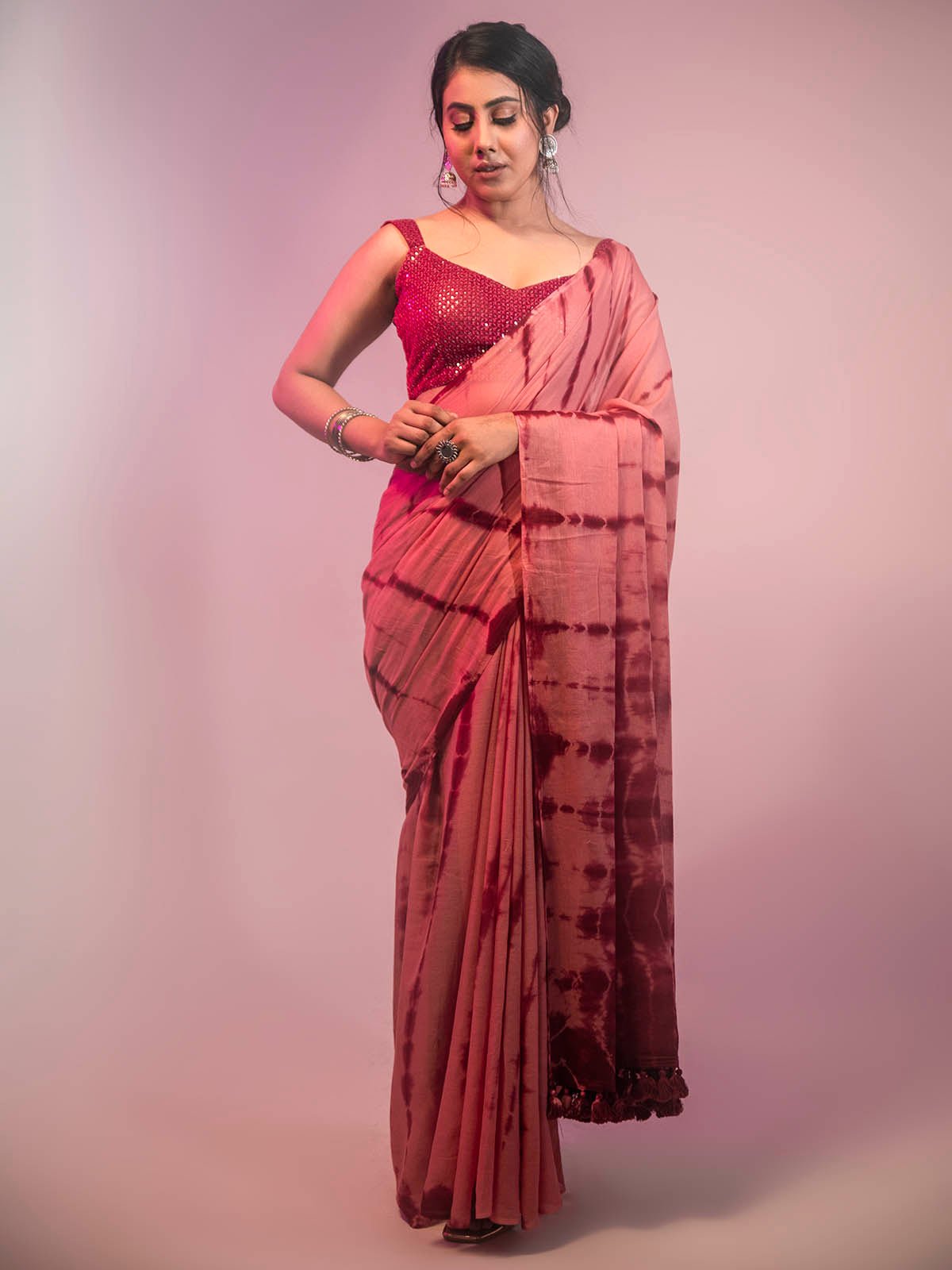 Maroon MulMul Cotton Saree with matching Georgette Sequin blouse