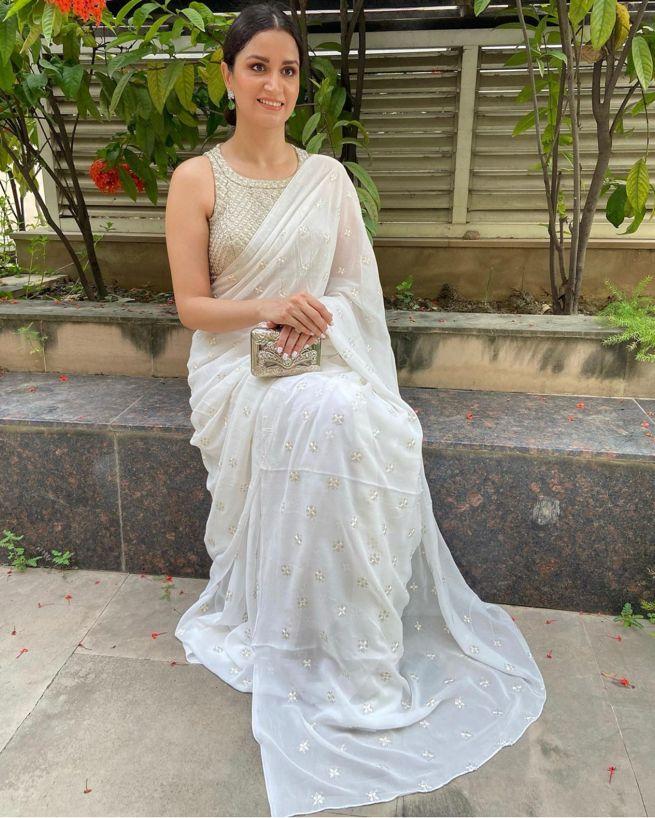 Vega white chiffon saree