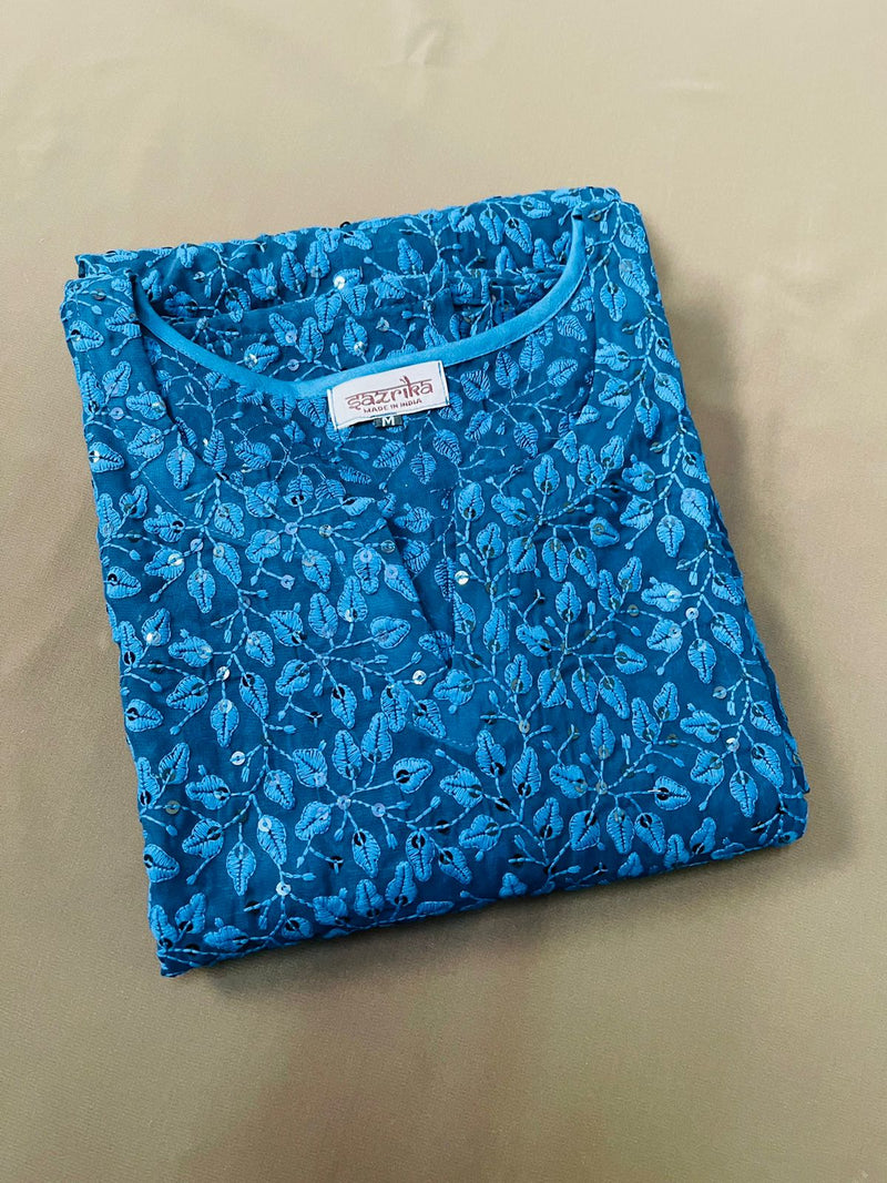 Cerulean Petal Print Blue Chikankari Kurti