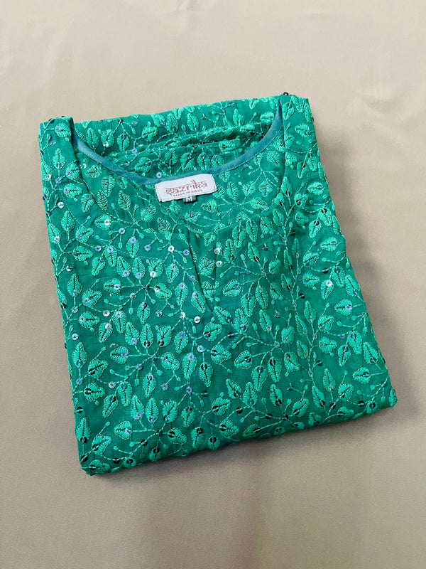 Teal Green Petal Print Chikankari Kurti
