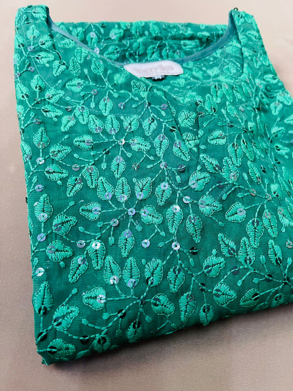 Teal Green Petal Print Chikankari Kurti