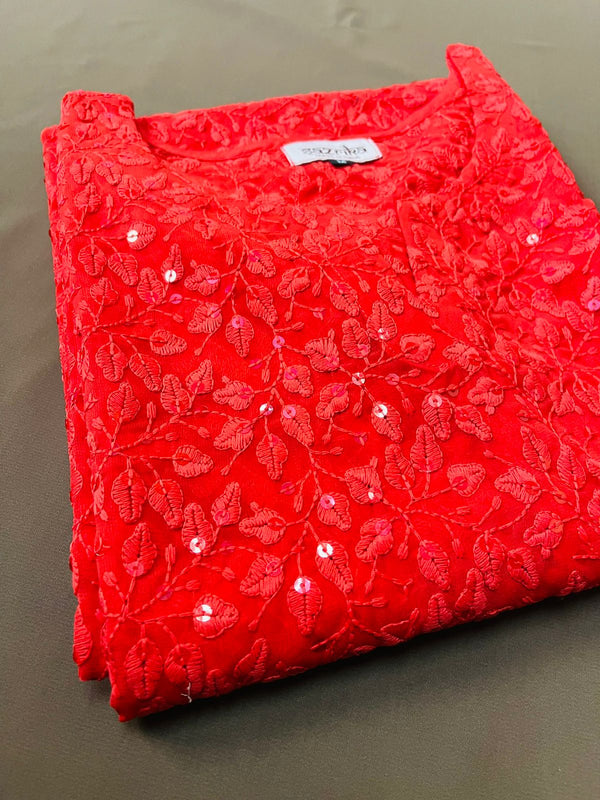 Red Petal Print Chikankari Kurti