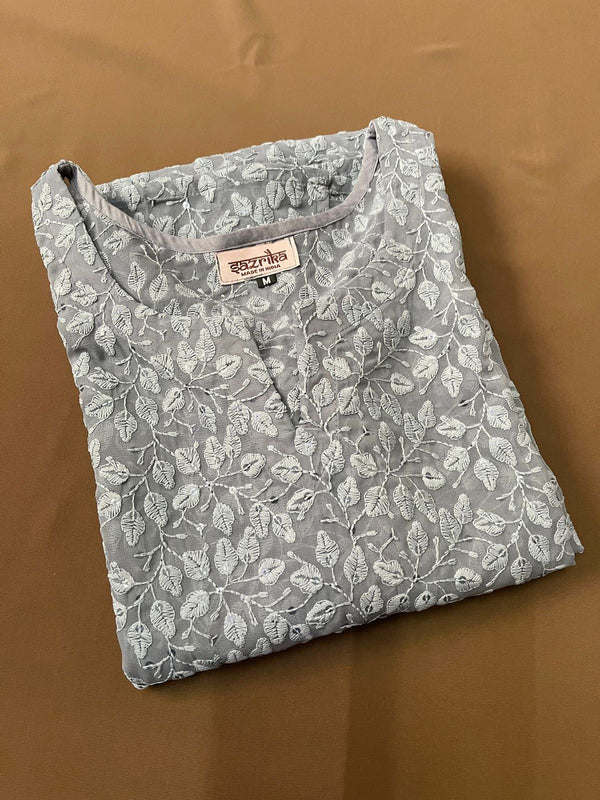 Grey Petal Print Chikankari Kurti