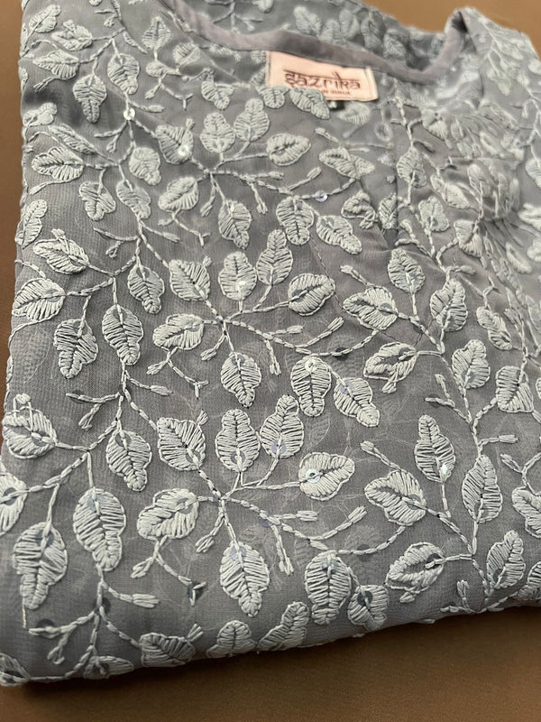 Grey Petal Print Chikankari Kurti