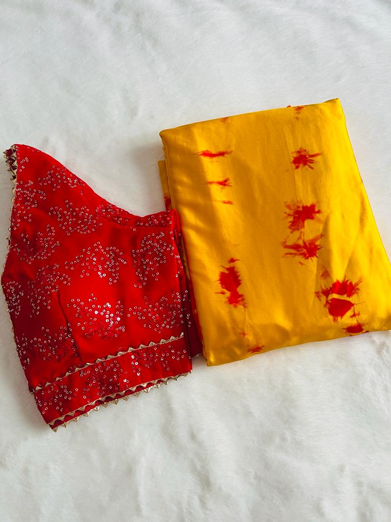 Yellow Red Gazi Silk Saree