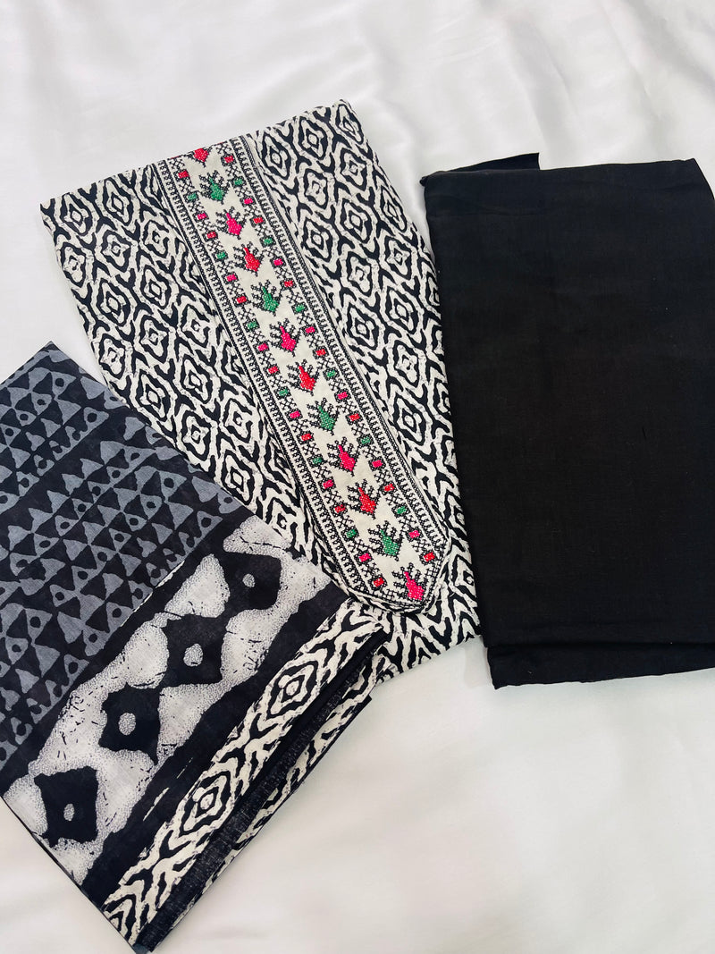 Black printed unstitched suit set