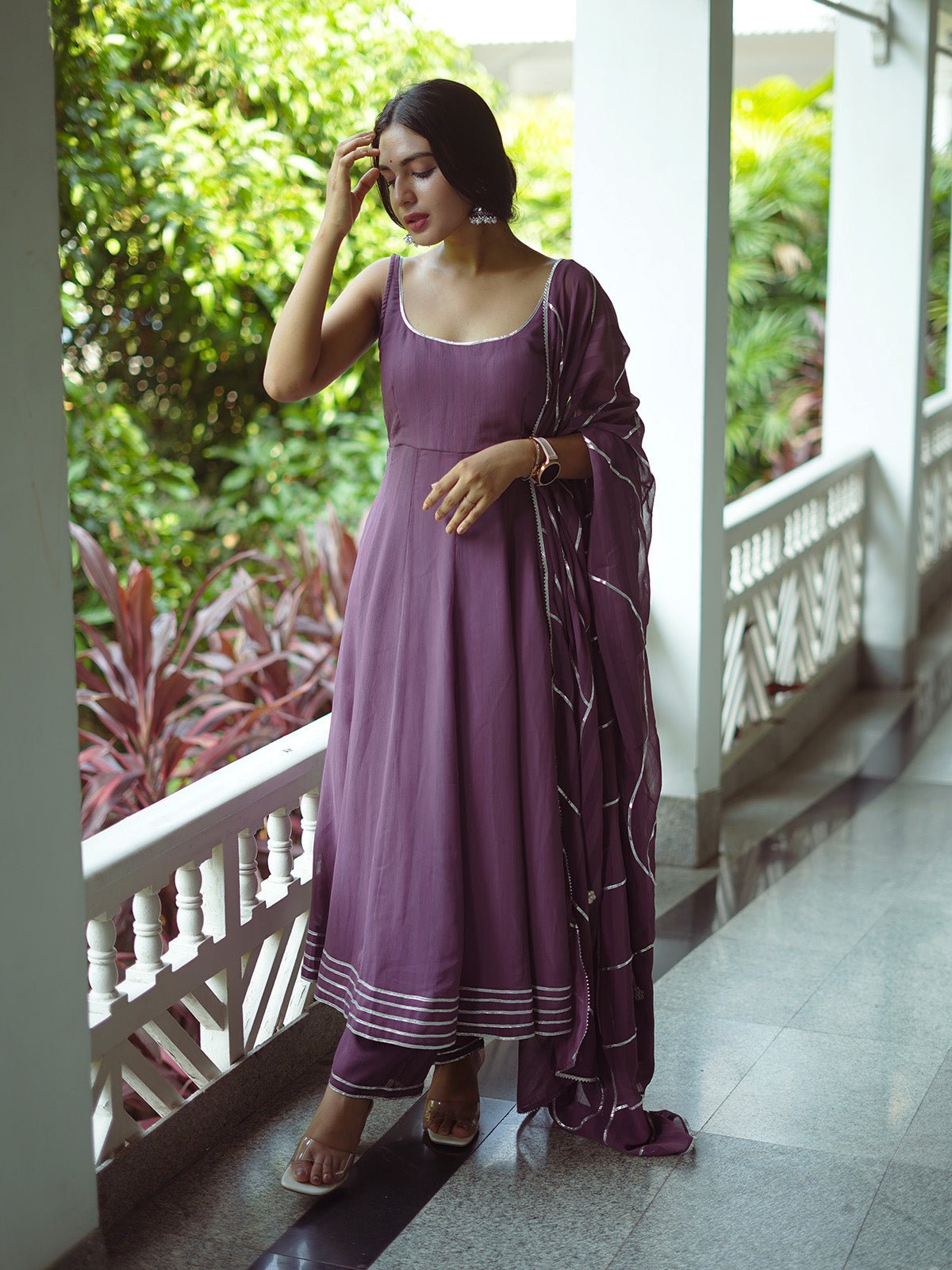 Wine Harmony Anarkali Set With Duppatta