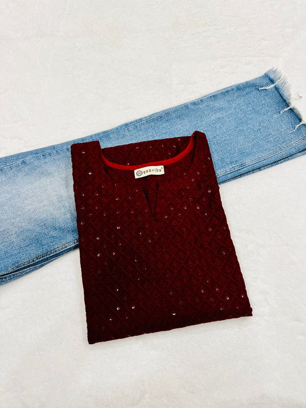 Brownish Maroon Chikankari Work Kurti