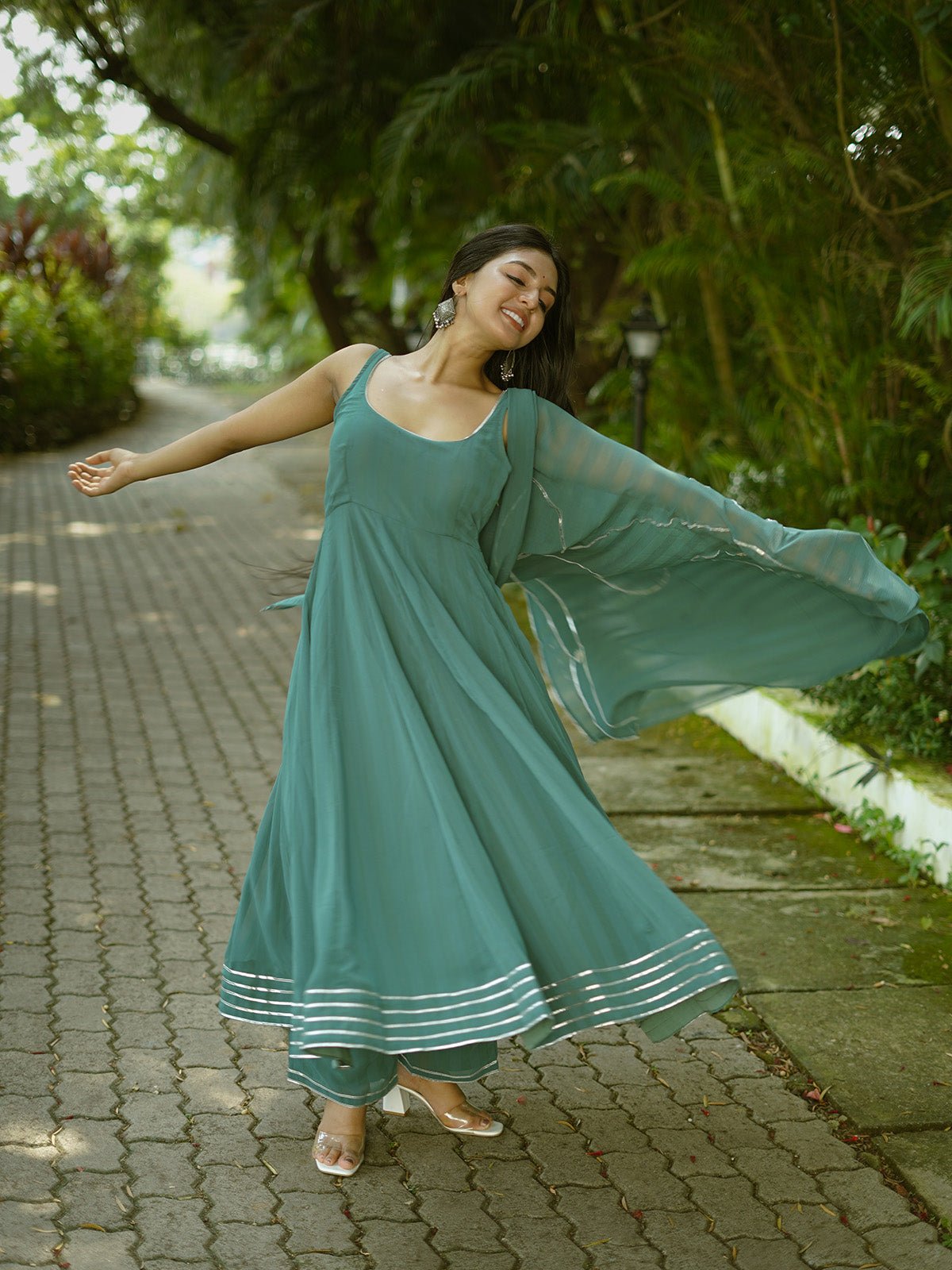 Rama green gotta work anarkali gown