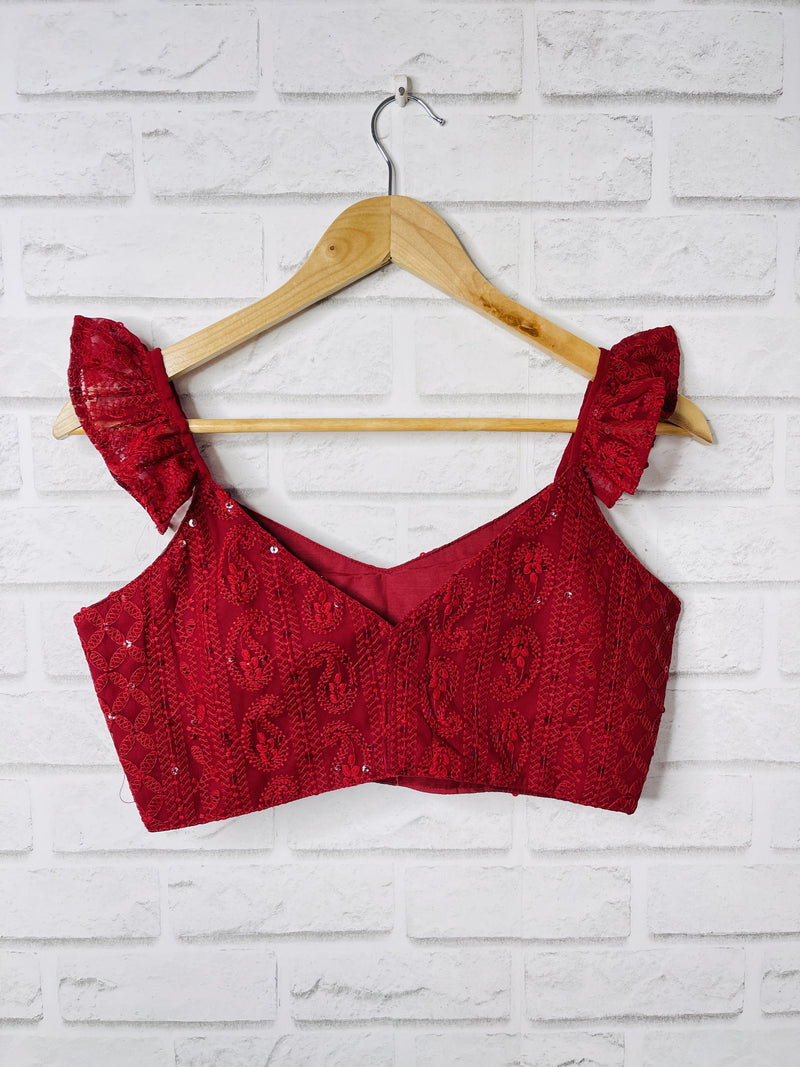 Maroon Frill Sleeves Lakhnavi Blouse